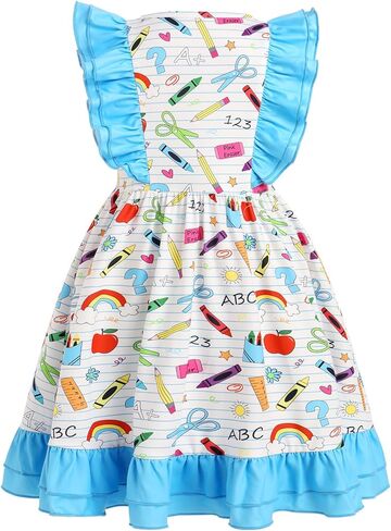 ODASDO Girls Back to School Dress Apple Pencil Pencil Print Flutter Sweve Swing Swing Twirly Dress First Day of School Collections in Kuwait