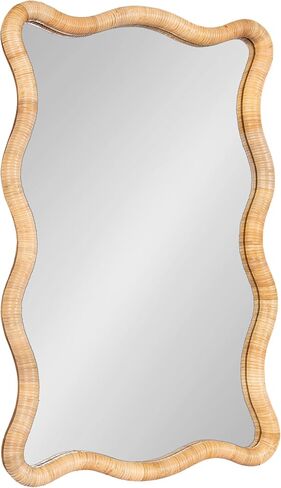 Kate and Laurel Rahfy Boho Restangle Rattan Wall Mirror ، 24 × 36 ، الخشب الطبيعي ، مرآة متموجة مستطيلة مزخرفة مع إطار راتان أصيل لزخرفة مرآة الحمام in Saudi Arabia