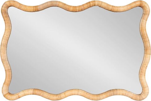 Kate and Laurel Rahfy Boho Restangle Rattan Wall Mirror ، 24 × 36 ، الخشب الطبيعي ، مرآة متموجة مستطيلة مزخرفة مع إطار راتان أصيل لزخرفة مرآة الحمام in Saudi Arabia