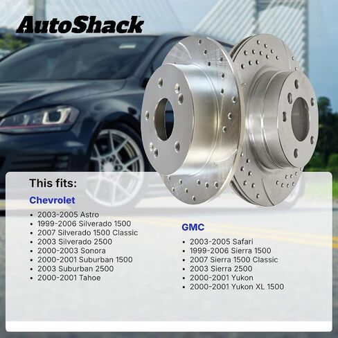 AutoShack Rear Drilled Slotted Brake Rotors Silver Pair of 2 Driver and Passenger Side Replacement for Chevrolet Astro Tahoe Silverado 1500 Classic GMC Safari Yukon Sierra 1500 Classic V8 PR65068DSZPR in Saudi Arabia