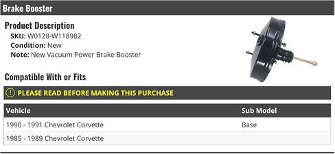 Vacuum Power Brake Booster - Compatible with 1985-1991 Chevy Corvette Base (Excludes ZR-1) in Saudi Arabia