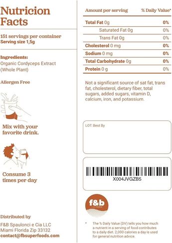 f&b superfoods Organic Cordyceps Mushroom Extract Powder, 8 Ounces | Fruit Body & Mycelium Extract | Active Polysaccharides & Cordycepic Acid | Supports Energy & Immune Health in Saudi Arabia