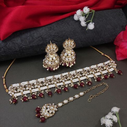 I Jewels Gold Plated Indian Wedding Bollywood Unique Design Multi layer Statement Handmade Choker Necklace Jewellery & Jhumka Earring Set For Women in Saudi Arabia