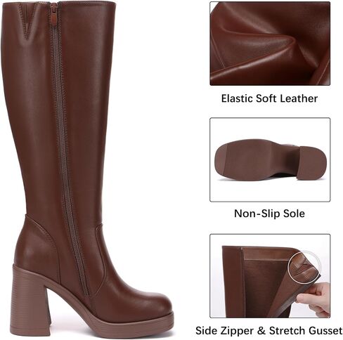 Knee High Boots Women Chunky Heeled Square Toe Boot Platform Tall Long Boots Side Zipper Gogo Boots in Saudi Arabia