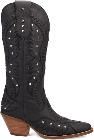 Dingo Womens Pretty N' Pink Embroidered Studded Snip Toe Casual Boots Mid Calf Mid Heel 2-3" - Black in Saudi Arabia