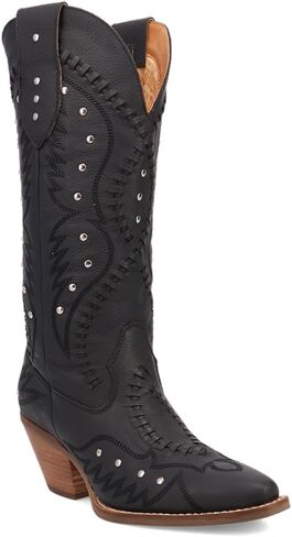 Dingo Womens Pretty N' Pink Embroidered Studded Snip Toe Casual Boots Mid Calf Mid Heel 2-3" - Black in Saudi Arabia