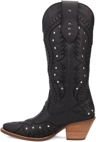 Dingo Womens Pretty N' Pink Embroidered Studded Snip Toe Casual Boots Mid Calf Mid Heel 2-3" - Black in Saudi Arabia