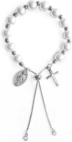 Rosary Cross Pearl Bracelet Rosary Baptism Communion Catholic Confirmation Easter Gifts,Adjustable,Design for All Ages (golden) in Kuwait