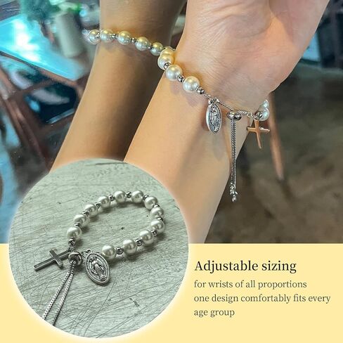 Rosary Cross Pearl Bracelet Rosary Baptism Communion Catholic Confirmation Easter Gifts,Adjustable,Design for All Ages (golden) in Kuwait