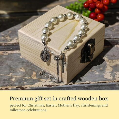 Rosary Cross Pearl Bracelet Rosary Baptism Communion Catholic Confirmation Easter Gifts,Adjustable,Design for All Ages (golden) in Kuwait