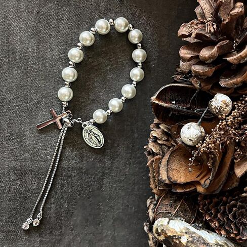 Rosary Cross Pearl Bracelet Rosary Baptism Communion Catholic Confirmation Easter Gifts,Adjustable,Design for All Ages (golden) in Kuwait