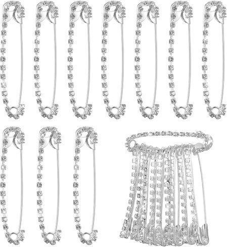 10Pcs Silver Safety Pins with Rhinestone, Decorative Brooches for Women Clothing, Suitable for Saree Skirts Sweater Scarf Lapel Hat Accessories in Kuwait