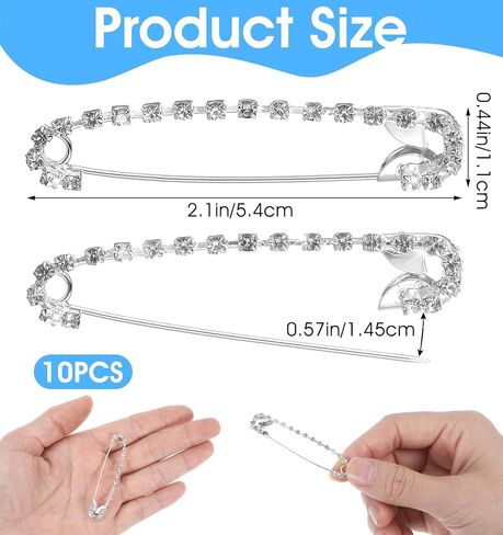 10Pcs Silver Safety Pins with Rhinestone, Decorative Brooches for Women Clothing, Suitable for Saree Skirts Sweater Scarf Lapel Hat Accessories in Kuwait