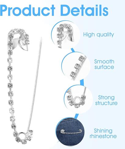 10Pcs Silver Safety Pins with Rhinestone, Decorative Brooches for Women Clothing, Suitable for Saree Skirts Sweater Scarf Lapel Hat Accessories in Kuwait