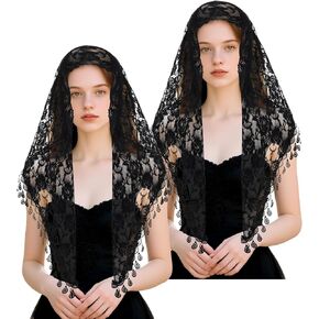 2 Pcs Mass Veil Triangle Mantilla Cathedral Head Covering Chapel Veil Lace Shawl Latin Scarf Latin Mass Head Covering Veils for Wedding Bridal Bridesmaid (Black) in Saudi Arabia