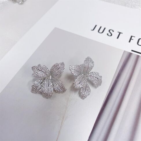 Luxury Big Flower Cubic Zirconia Crystal Statement Stud Dangle Earrings for Women Dainty 925 Sterling Silver Post Diamond Petal Large Flowers Huggie Studs Hypoallergenic Fashion Trendy Jewelry in Saudi Arabia