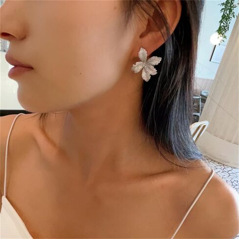 Luxury Big Flower Cubic Zirconia Crystal Statement Stud Dangle Earrings for Women Dainty 925 Sterling Silver Post Diamond Petal Large Flowers Huggie Studs Hypoallergenic Fashion Trendy Jewelry in Saudi Arabia