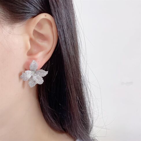 Luxury Big Flower Cubic Zirconia Crystal Statement Stud Dangle Earrings for Women Dainty 925 Sterling Silver Post Diamond Petal Large Flowers Huggie Studs Hypoallergenic Fashion Trendy Jewelry in Saudi Arabia