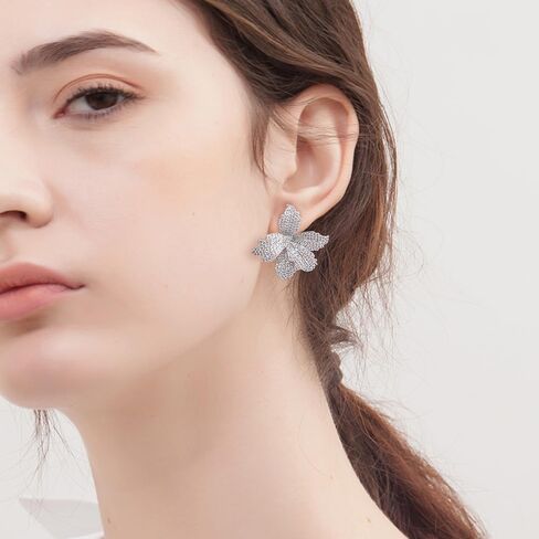 Luxury Big Flower Cubic Zirconia Crystal Statement Stud Dangle Earrings for Women Dainty 925 Sterling Silver Post Diamond Petal Large Flowers Huggie Studs Hypoallergenic Fashion Trendy Jewelry in Saudi Arabia