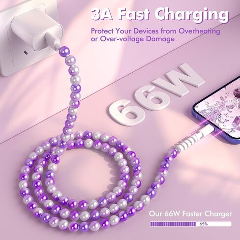 Coolden for iPhone Charger Cord 6.6 FT Charging Cable 66W iPhone Charger Fast Charging Stylish & Durable Beaded iPhone Charger Cable for iPhone 14 13 12 11 Pro Max XR XS Max iPad Pro/Air/Mini Pink in Saudi Arabia