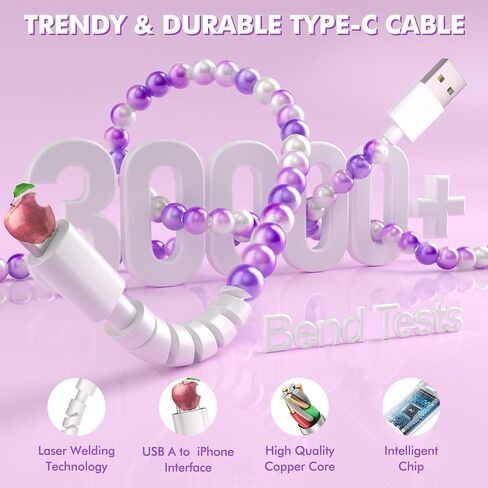 Coolden for iPhone Charger Cord 6.6 FT Charging Cable 66W iPhone Charger Fast Charging Stylish & Durable Beaded iPhone Charger Cable for iPhone 14 13 12 11 Pro Max XR XS Max iPad Pro/Air/Mini Pink in Saudi Arabia