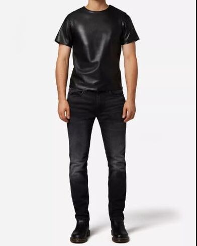 Men's Leather T-Shirt Genuine Black Leather Short Sleeve Zipper Sides & Shoulders T-Shirt for Him in Saudi Arabia