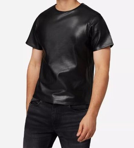 Men's Leather T-Shirt Genuine Black Leather Short Sleeve Zipper Sides & Shoulders T-Shirt for Him in Saudi Arabia