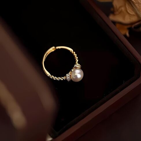 Pearl Ring for Women Dainty Faux Gold Pearl Ring FLower White Open Promise Rings Birthday Christmas Graduation Jewelry Gifts for Her Mom (R1) in Saudi Arabia