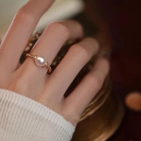 Pearl Ring for Women Dainty Faux Gold Pearl Ring FLower White Open Promise Rings Birthday Christmas Graduation Jewelry Gifts for Her Mom (R1) in Saudi Arabia
