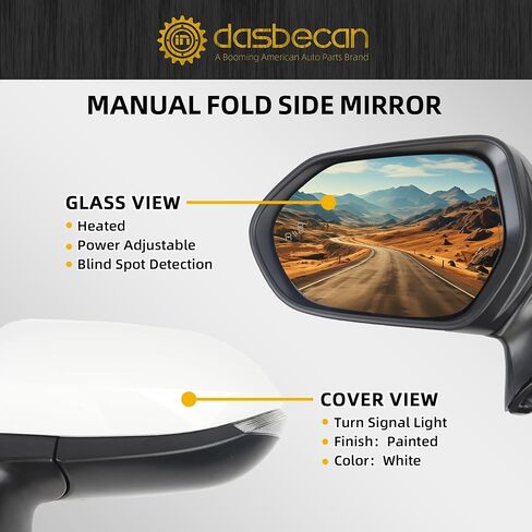 Dasbecan Driver Side Mirror White Compatible with 2020-2025 Toyota Corolla Left Door Rear view Mirror Heated Manual Fold Power Adjustment W/Blind Spot Detection Turn Signal Assembly 7PINS #87940-02920 in Saudi Arabia