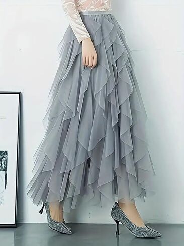 نساء واحد من الحجم تنورة شبكية شبكية تنحنح رقيق متعدد الطبقات متدرج منتفخ tulle (Midi Pink) in Kuwait