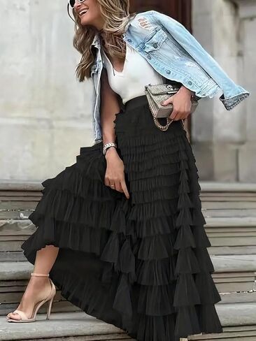 نساء واحد من الحجم تنورة شبكية شبكية تنحنح رقيق متعدد الطبقات متدرج منتفخ tulle (Midi Pink) in Kuwait