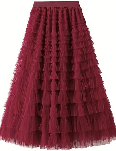 نساء واحد من الحجم تنورة شبكية شبكية تنحنح رقيق متعدد الطبقات متدرج منتفخ tulle (Midi Pink) in Kuwait