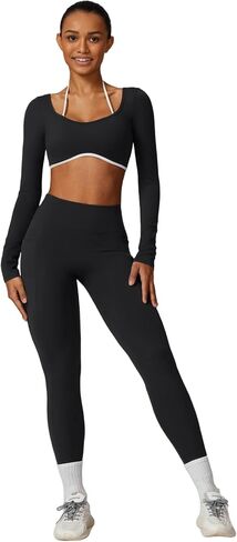 ABOCIW Workout Sets for Women Long Sleeve Crop Top Scrunch Butt Lifting High Waist Leggings with Pockets 2 Piece Outfits in Saudi Arabia