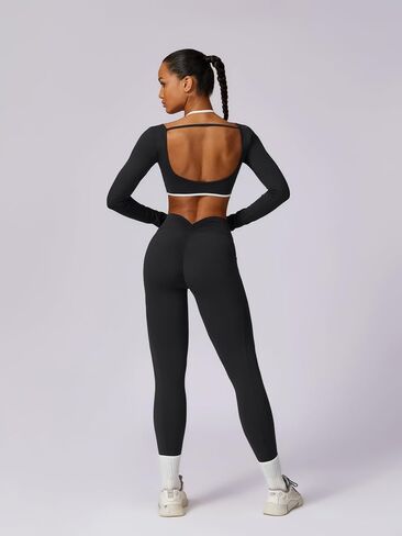 ABOCIW Workout Sets for Women Long Sleeve Crop Top Scrunch Butt Lifting High Waist Leggings with Pockets 2 Piece Outfits in Saudi Arabia