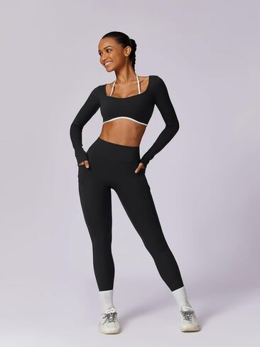 ABOCIW Workout Sets for Women Long Sleeve Crop Top Scrunch Butt Lifting High Waist Leggings with Pockets 2 Piece Outfits in Saudi Arabia
