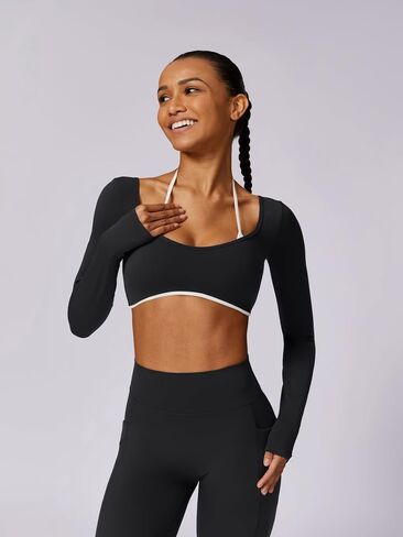 ABOCIW Workout Sets for Women Long Sleeve Crop Top Scrunch Butt Lifting High Waist Leggings with Pockets 2 Piece Outfits in Saudi Arabia