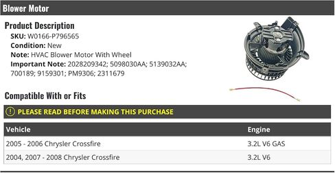 محرك منفاخ HVAC مع عجلة - متوافق مع 2004-2008 Chrysler Crossfire 3.2L V6 in Saudi Arabia