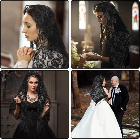 2 PCS جماعي الحجاب مثلث مانتيلا رأس كاتدرائية تغطي كنيسة الحجاب الحجاب شال وشاح لاتيني رأس الكتلة اللاتينية تغطي الحجاب لعروس الزفاف (أسود) in Saudi Arabia