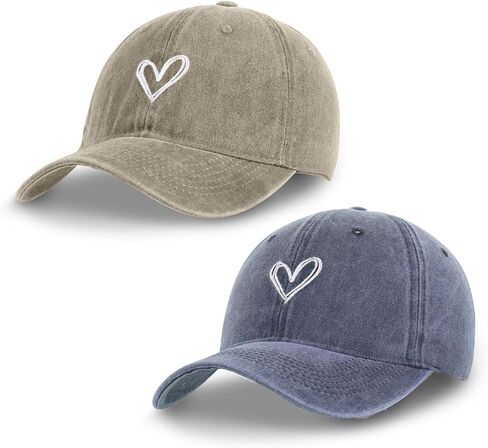 2 Pack Heart Baseball Caps for Women Men, Cute Adjustable Washed Sun Hats for Outdoor Running Golf in Kuwait