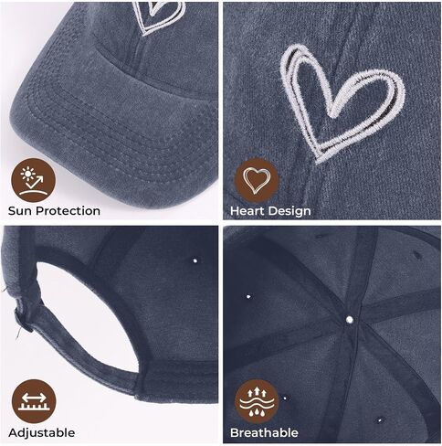2 Pack Heart Baseball Caps for Women Men, Cute Adjustable Washed Sun Hats for Outdoor Running Golf in Kuwait