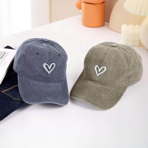 2 Pack Heart Baseball Caps for Women Men, Cute Adjustable Washed Sun Hats for Outdoor Running Golf in Kuwait
