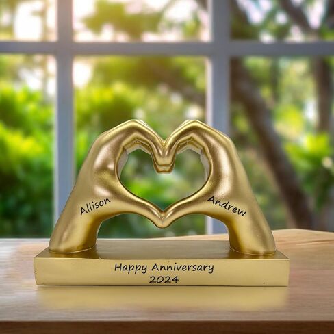 Gold Heart Shape Hand Statue Personalized for Girlfriend, Wife, Valentine's Day Gifts for Women, Couples, Decorations, Trendy Room Decor, Custom with Names, Wedding Anniversary, Birthday in Kuwait