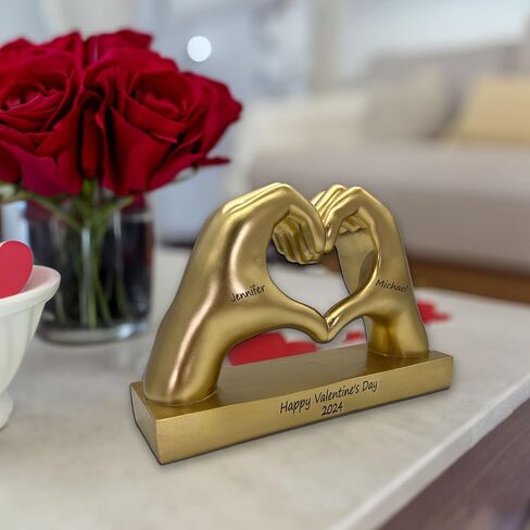 Gold Heart Shape Hand Statue Personalized for Girlfriend, Wife, Valentine's Day Gifts for Women, Couples, Decorations, Trendy Room Decor, Custom with Names, Wedding Anniversary, Birthday in Kuwait
