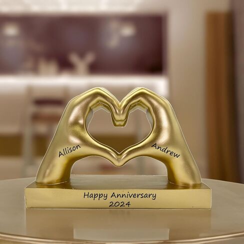 Gold Heart Shape Hand Statue Personalized for Girlfriend, Wife, Valentine's Day Gifts for Women, Couples, Decorations, Trendy Room Decor, Custom with Names, Wedding Anniversary, Birthday in Kuwait