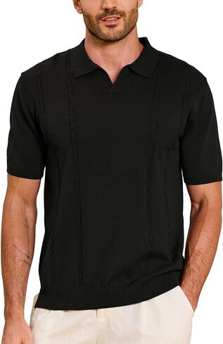 Kallspin Men's Cotton Knit Polo Shirt Short Sleeve Textured Ribbed Collar Stylish Summer Beach Casual Polo in Kuwait
