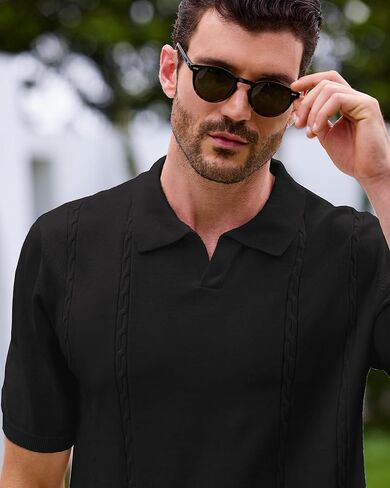 Kallspin Men's Cotton Knit Polo Shirt Short Sleeve Textured Ribbed Collar Stylish Summer Beach Casual Polo in Kuwait