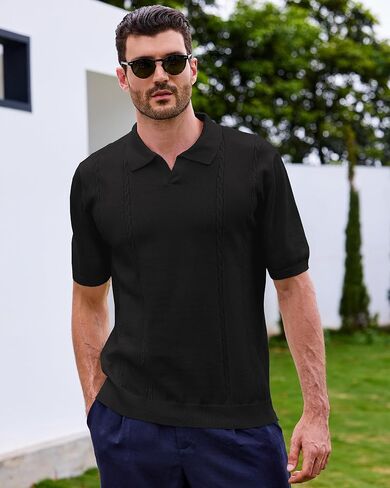 Kallspin Men's Cotton Knit Polo Shirt Short Sleeve Textured Ribbed Collar Stylish Summer Beach Casual Polo in Kuwait