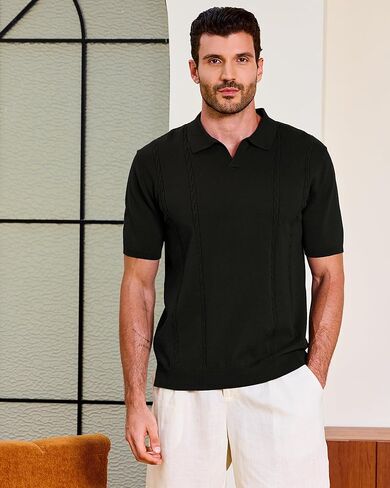 Kallspin Men's Cotton Knit Polo Shirt Short Sleeve Textured Ribbed Collar Stylish Summer Beach Casual Polo in Kuwait