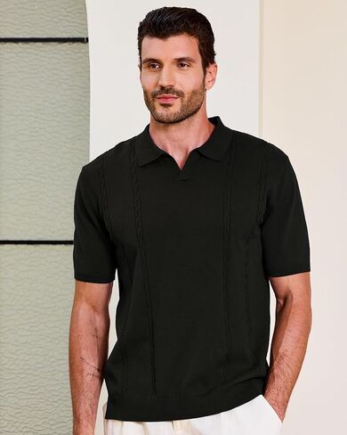 Kallspin Men's Cotton Knit Polo Shirt Short Sleeve Textured Ribbed Collar Stylish Summer Beach Casual Polo in Kuwait